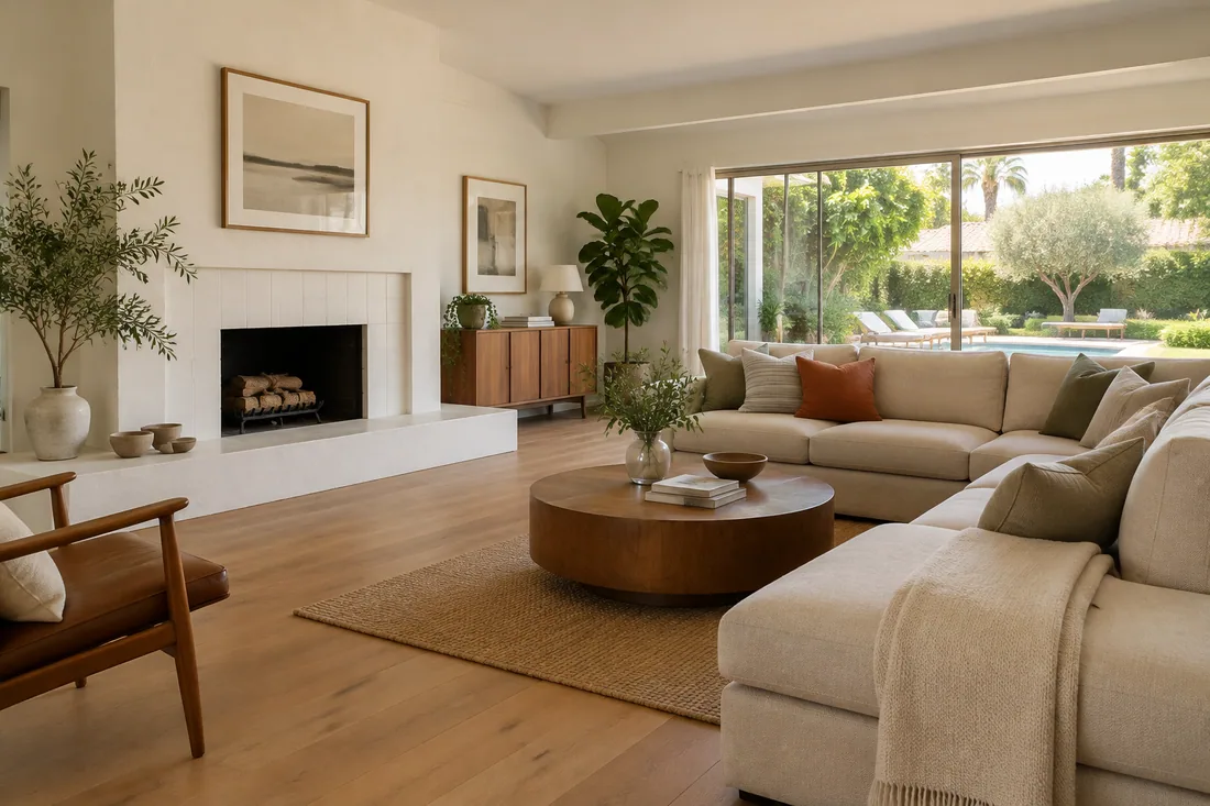 Wide engineered wood flooring glued over a slab in a Valley ranch family room