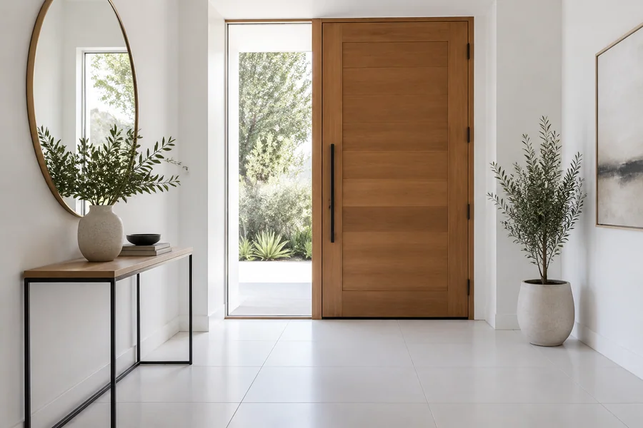 Entry hall with white large-format porcelain floor tile and a wood front door