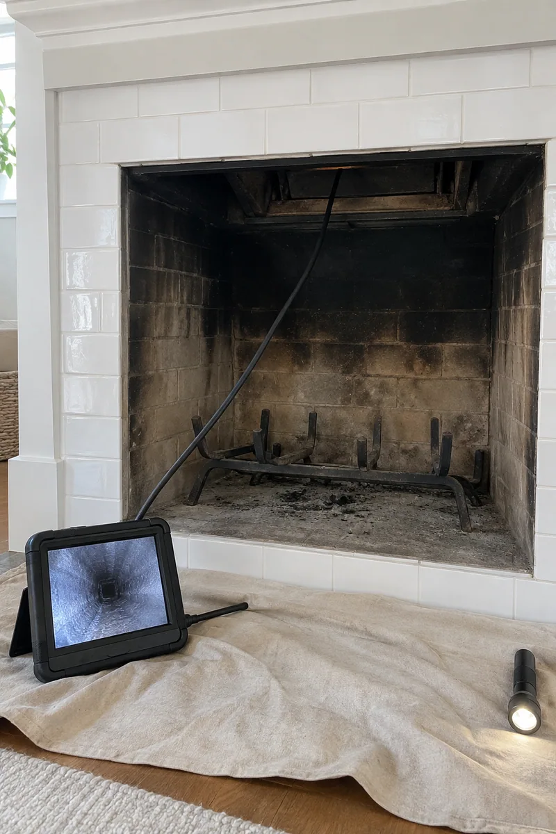 Tall view of an open firebox with a camera cable fed up into the flue during a chimney inspection