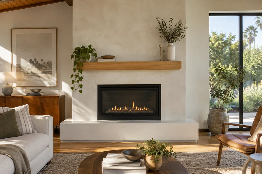 Remodeled fireplace with a smooth plaster surround and a gas insert in a Los Angeles living room