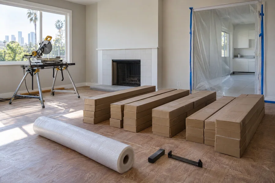 Boxes of flooring planks stacked in a cleared room on installation day
