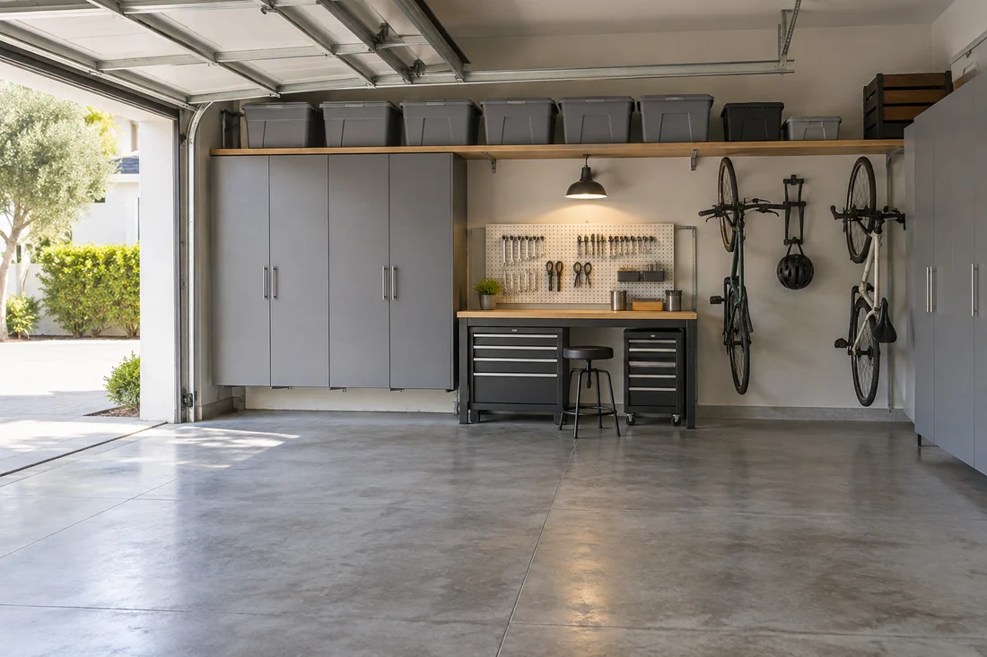 Garage storage wall with hung cabinets, shelving and a workbench, the floor clear for parking