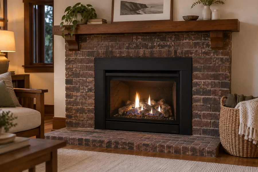 Gas fireplace insert with a glass front installed in an existing masonry fireplace in a Los Angeles home