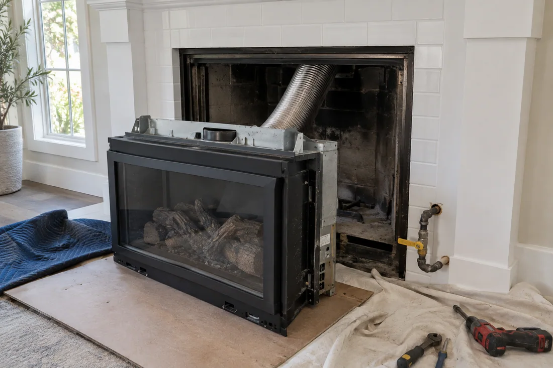 Gas insert being fitted into a fireplace with a flexible liner running up into the flue