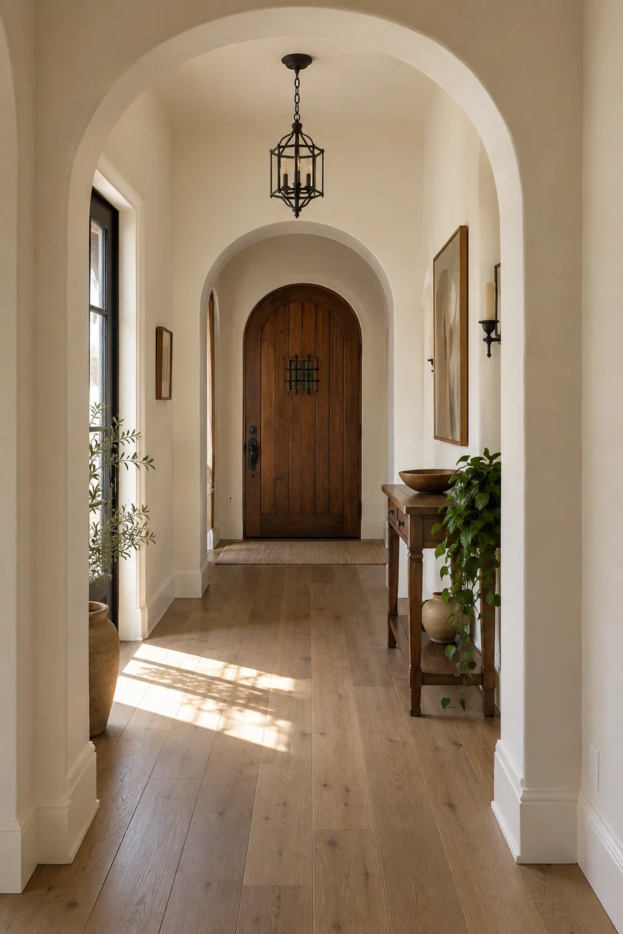 Arched hallway in a Glendale Revival home with new oak floors, freshly painted plaster and a refitted plank door