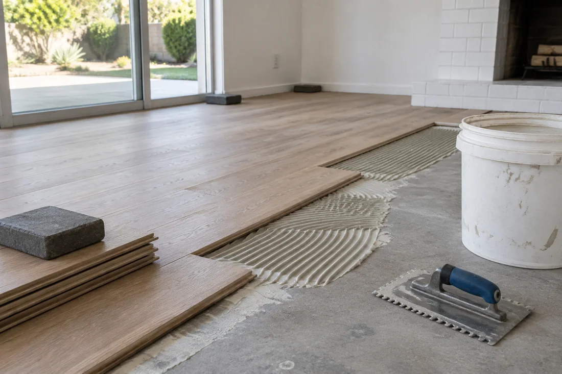 Engineered hardwood planks glued to a concrete slab with a notched trowel and adhesive