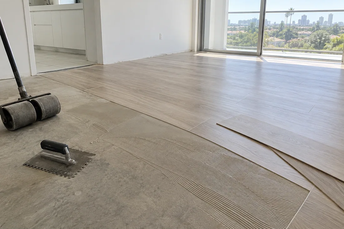 Thin glue-down vinyl planks being pressed onto a troweled concrete slab