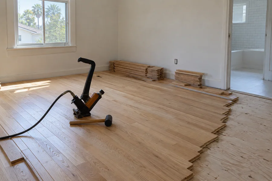 Solid oak hardwood floor being nailed down over a wood subfloor in a Los Angeles home