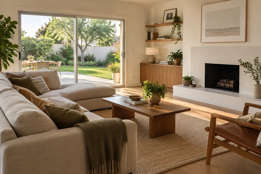 Engineered hardwood over a concrete slab in a single-story ranch family room