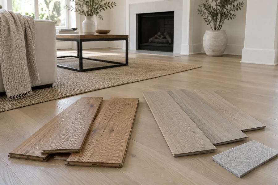 Solid oak boards beside vinyl plank samples on a floor in a Los Angeles home
