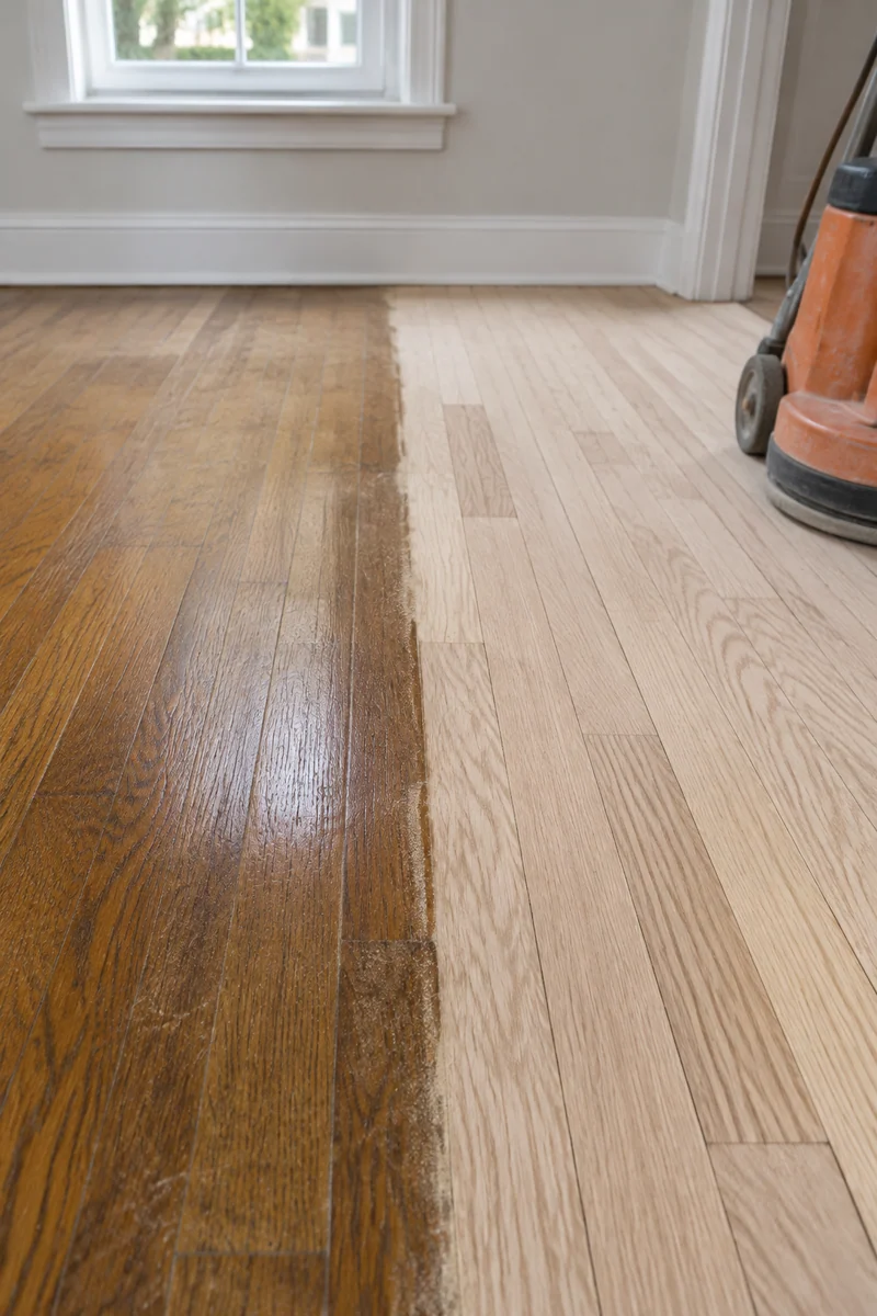 Original oak floor in an Inglewood home half sanded, old dark finish beside fresh bare wood