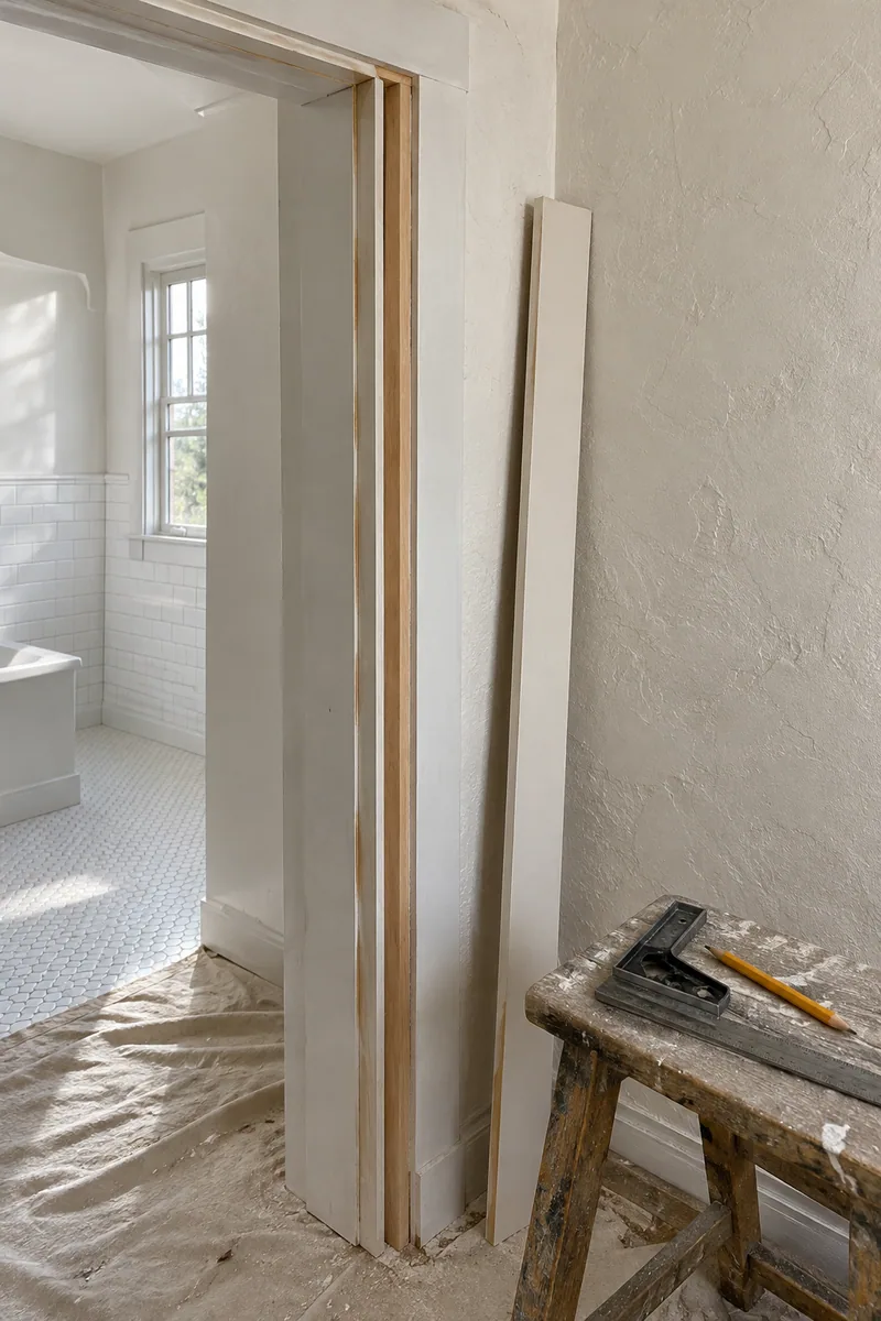 Interior door jamb with an extension strip so new casing sits flat on a thick plaster wall