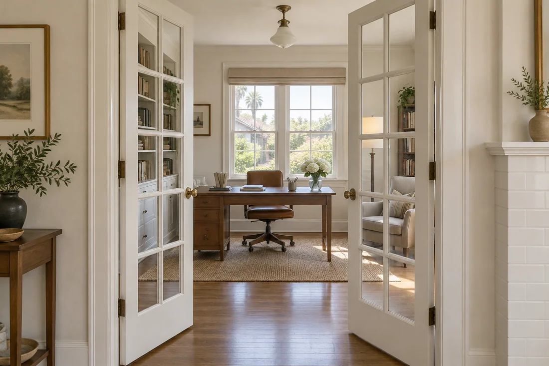 Pair of interior French doors with glass panes opening into a home office in a Los Angeles house