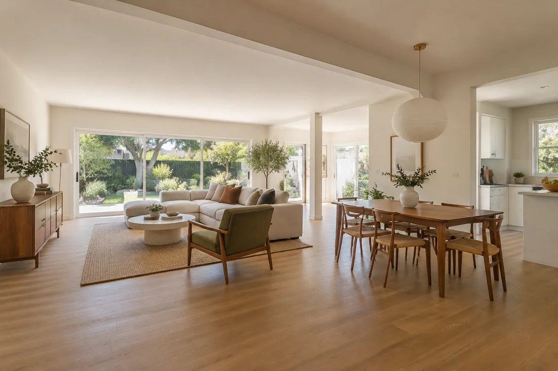 Open living and kitchen area in a Los Angeles home with one continuous floor where a wall once stood