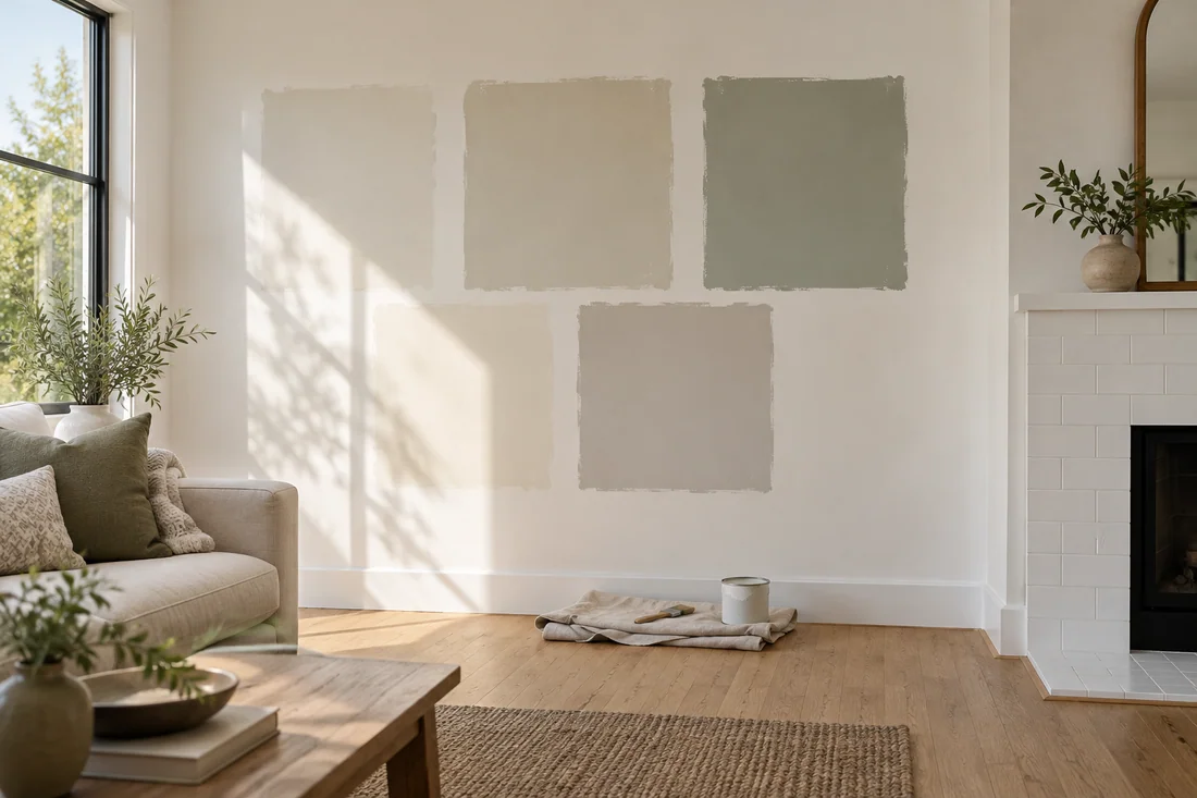 Large painted color sample squares on a living room wall in soft afternoon light
