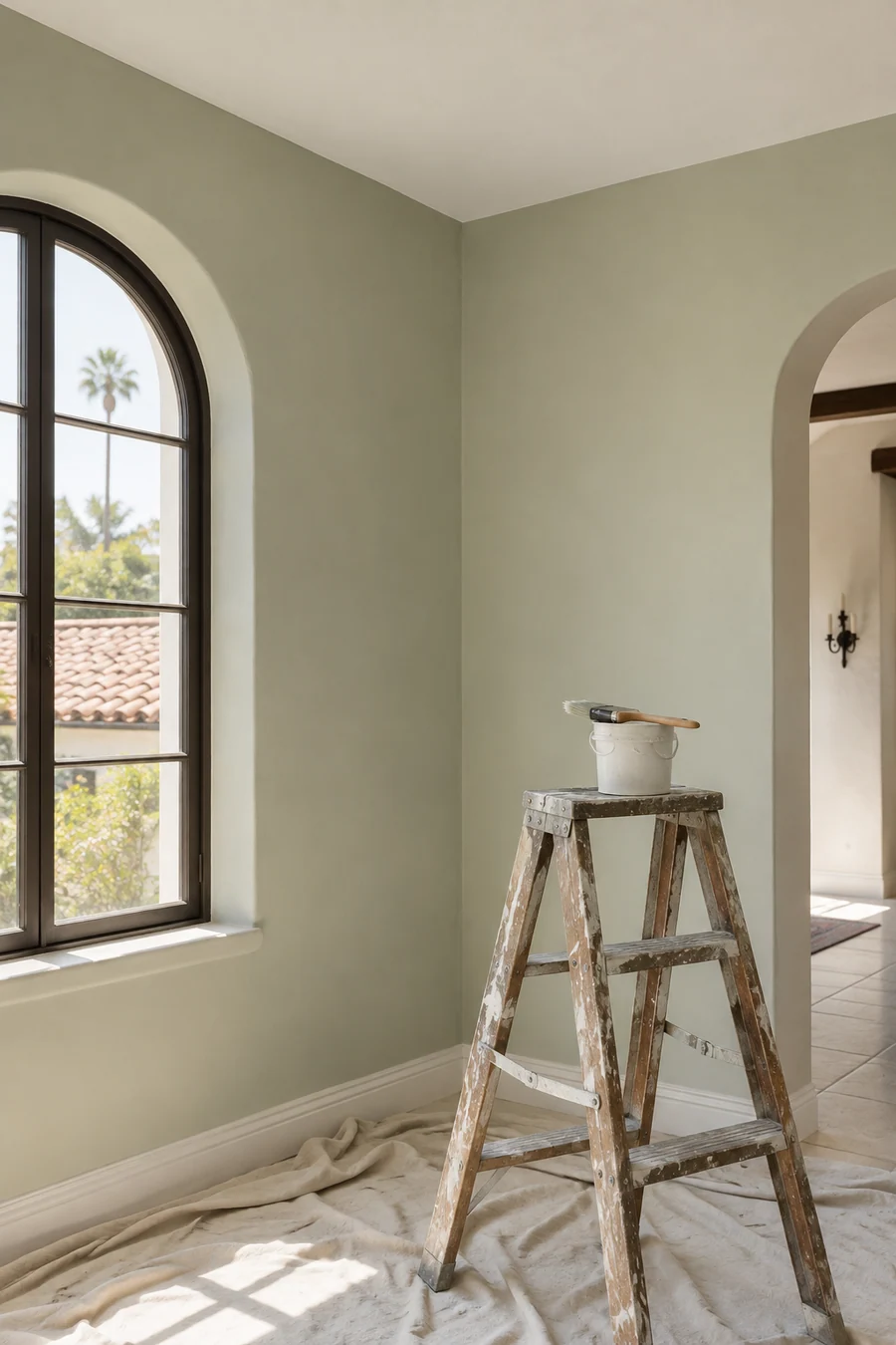 Tall view of a freshly cut-in paint line where a plaster wall meets the ceiling in an older LA home