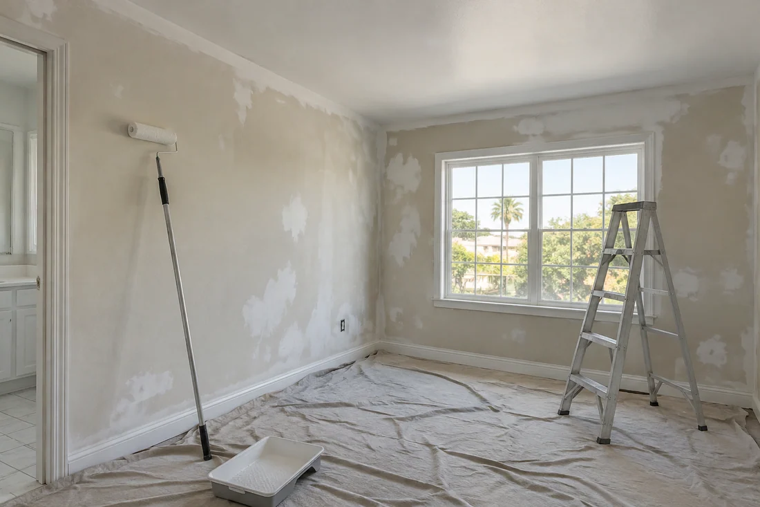 Bedroom ceiling being rolled flat white before the walls are painted