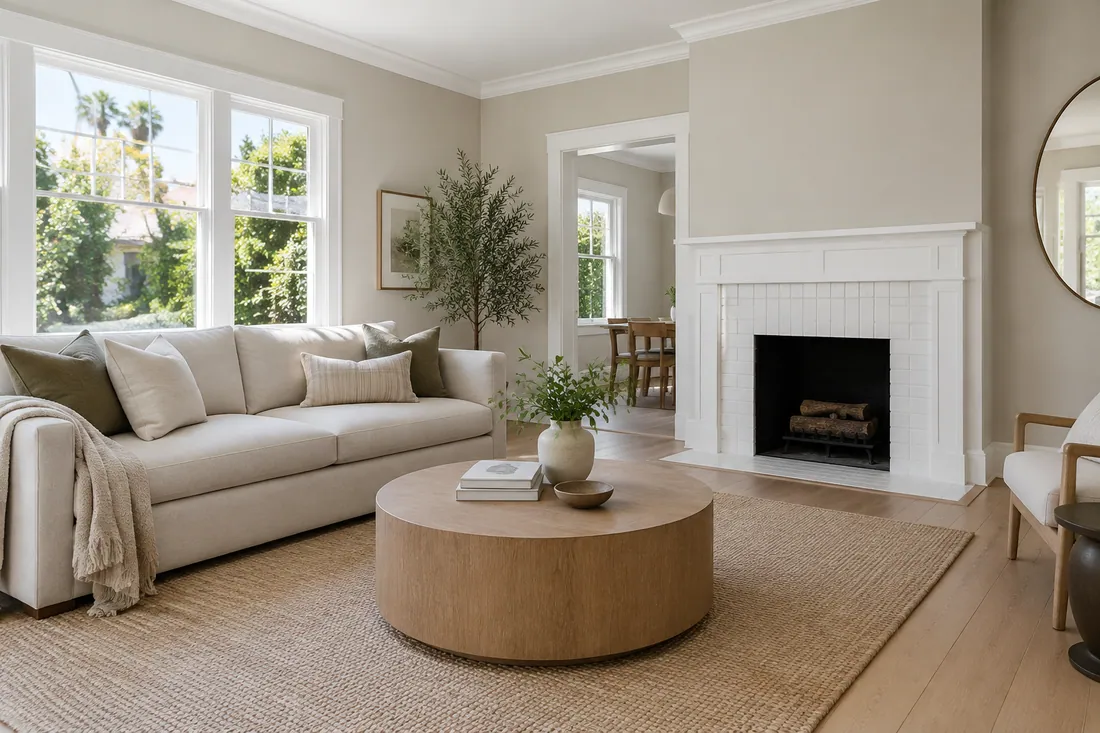 Neutral pre-sale living room in a Los Angeles house with fresh paint, crown molding and new floors