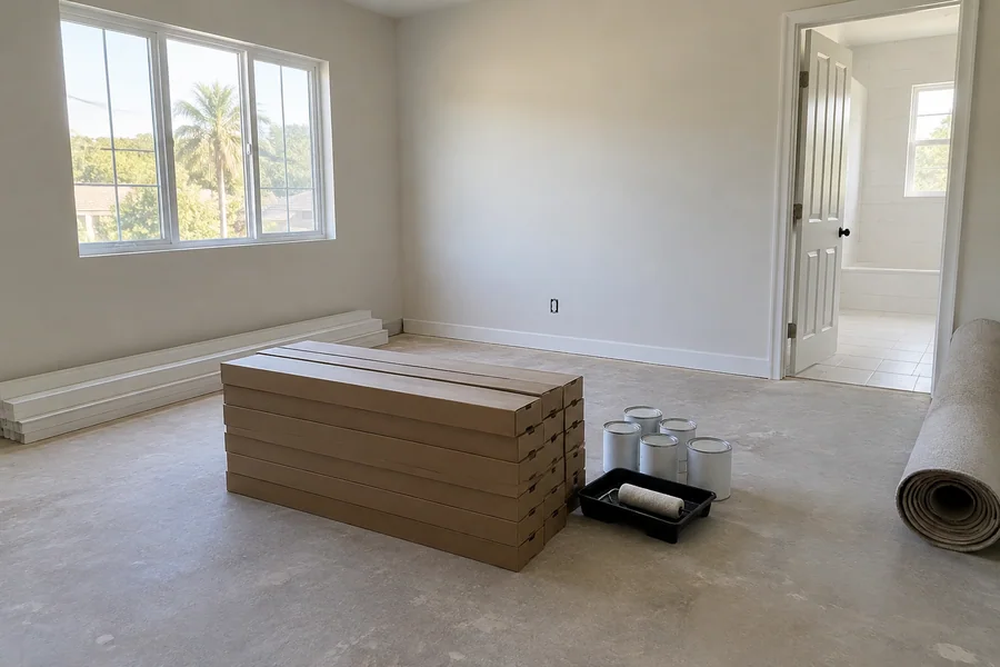 Flooring cartons, paint cans and trim stacked in a Los Angeles room ready for an interior remodel