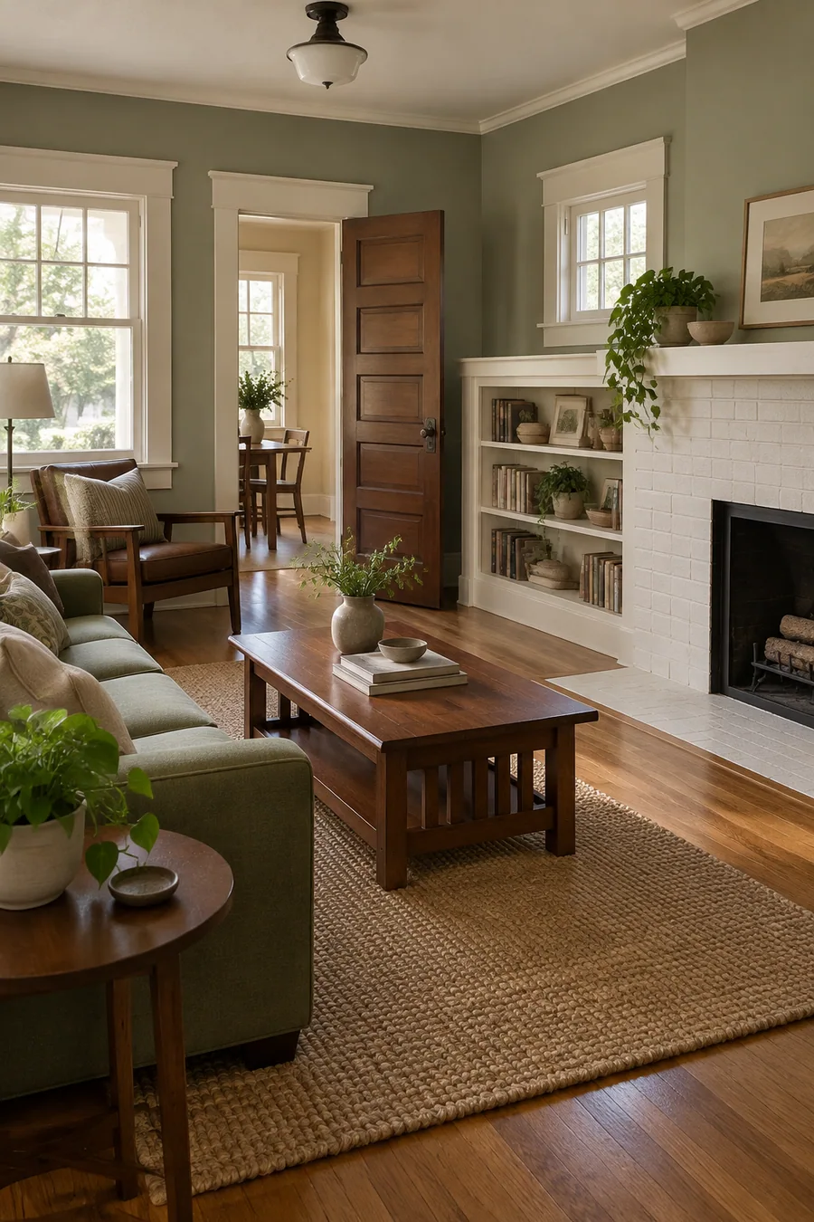 Craftsman living room in Los Angeles with refinished oak floors, painted trim and a five-panel door