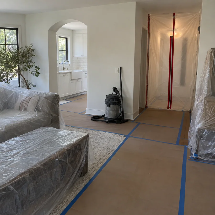 Floor protection boards and plastic dust walls set up before interior painting in a Los Angeles house