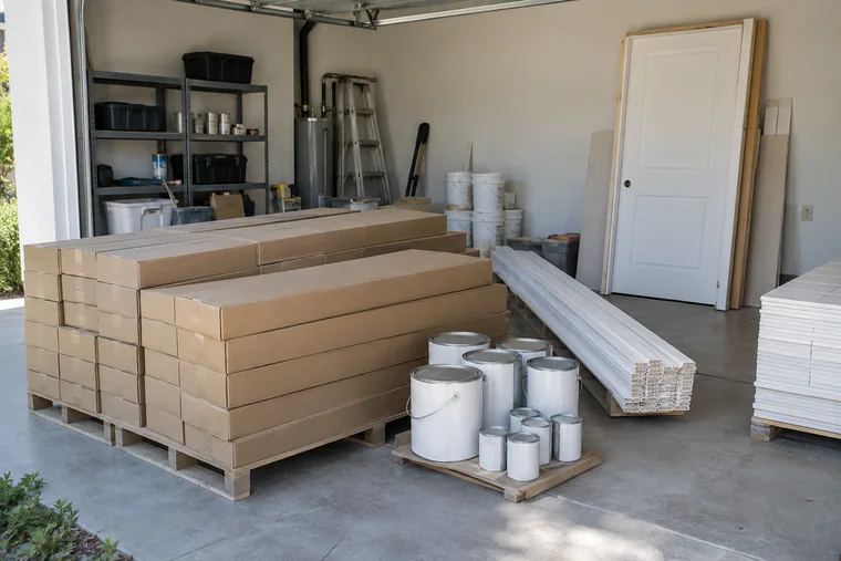 Unlabeled flooring cartons and paint cans staged in a garage before an interior remodel