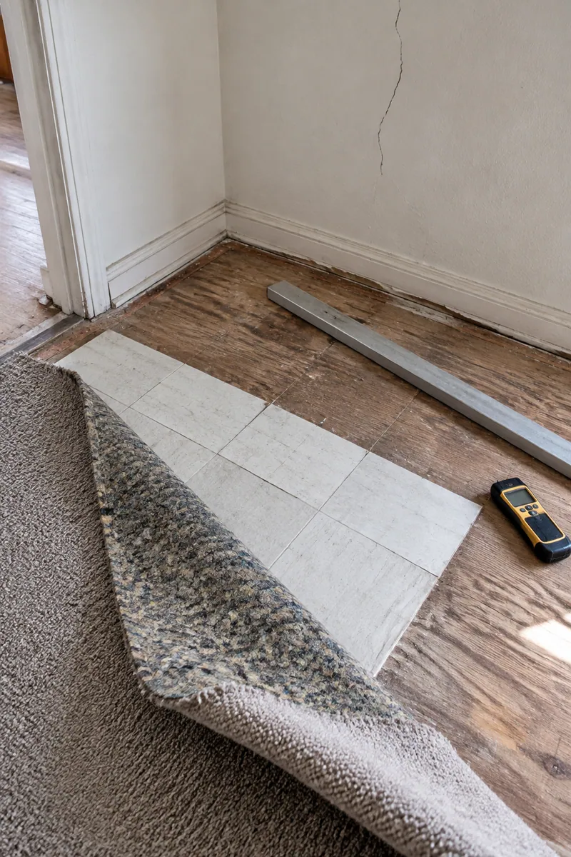 Old carpet and vinyl tile pulled back to show the subfloor and layers under an older Los Angeles floor