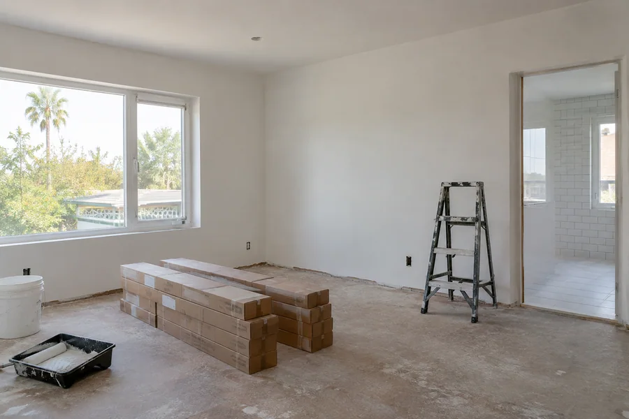 Room mid-remodel with primed walls, a paint roller and flooring waiting to be installed