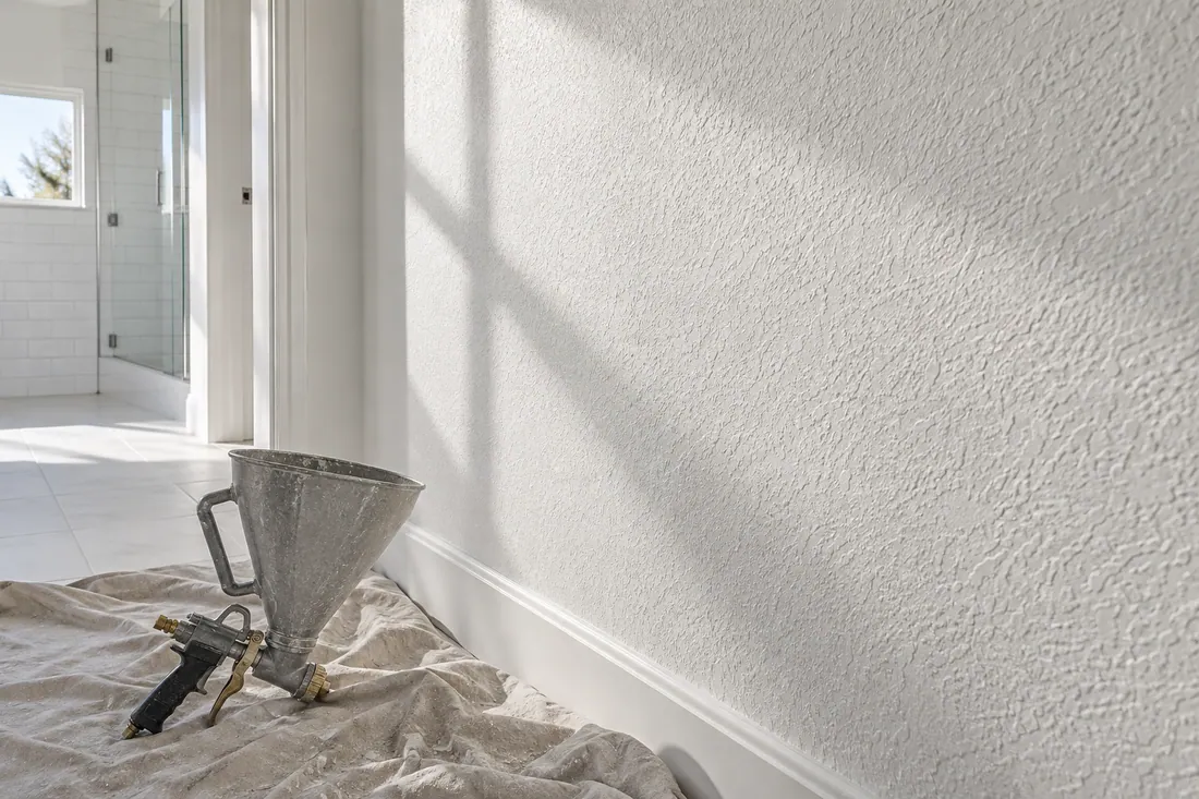 Raking light on a wall showing knockdown texture matched across a drywall repair
