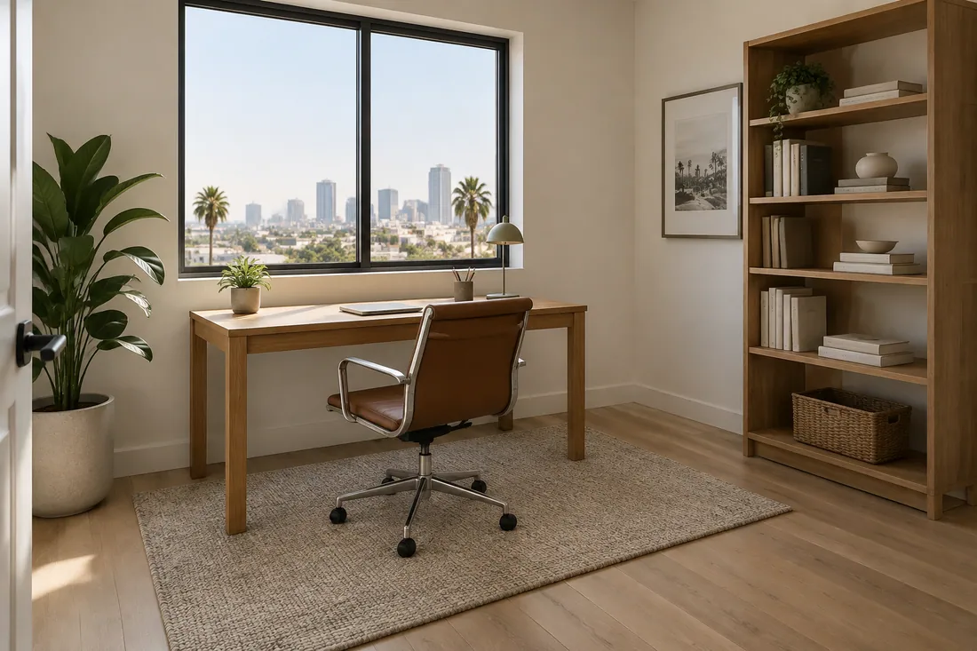 Oak-look laminate flooring in a converted spare bedroom used as a home office