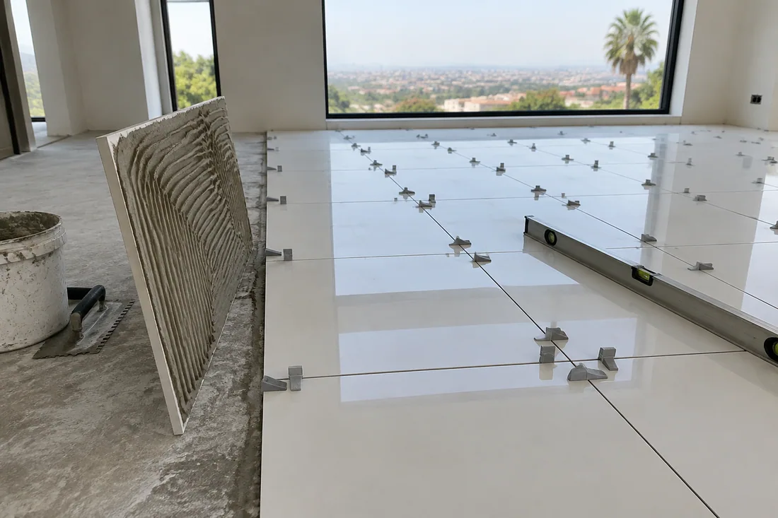 Large white porcelain floor tiles set with leveling clips to keep every edge flush