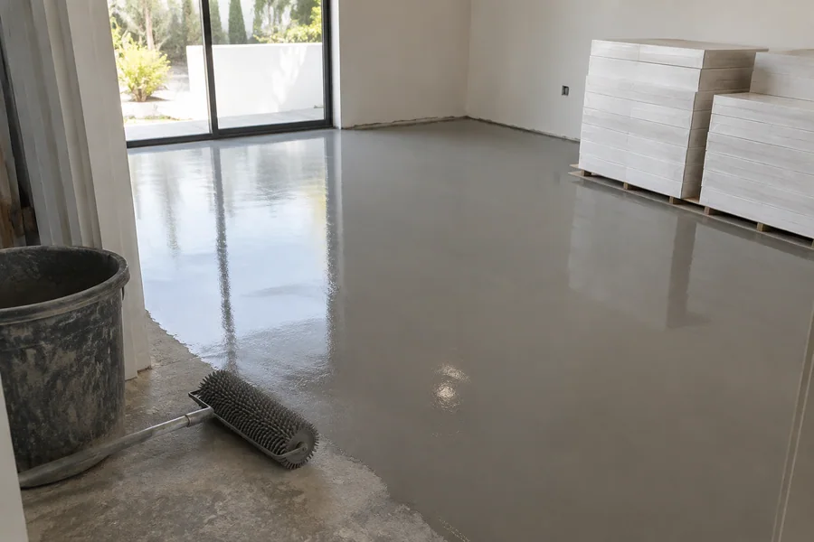 Freshly poured self-leveling compound on a slab, ready for large-format tile