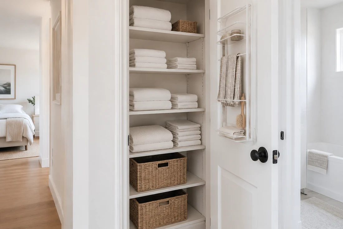 Linen closet with shallow adjustable shelves of folded towels and pull-out baskets below