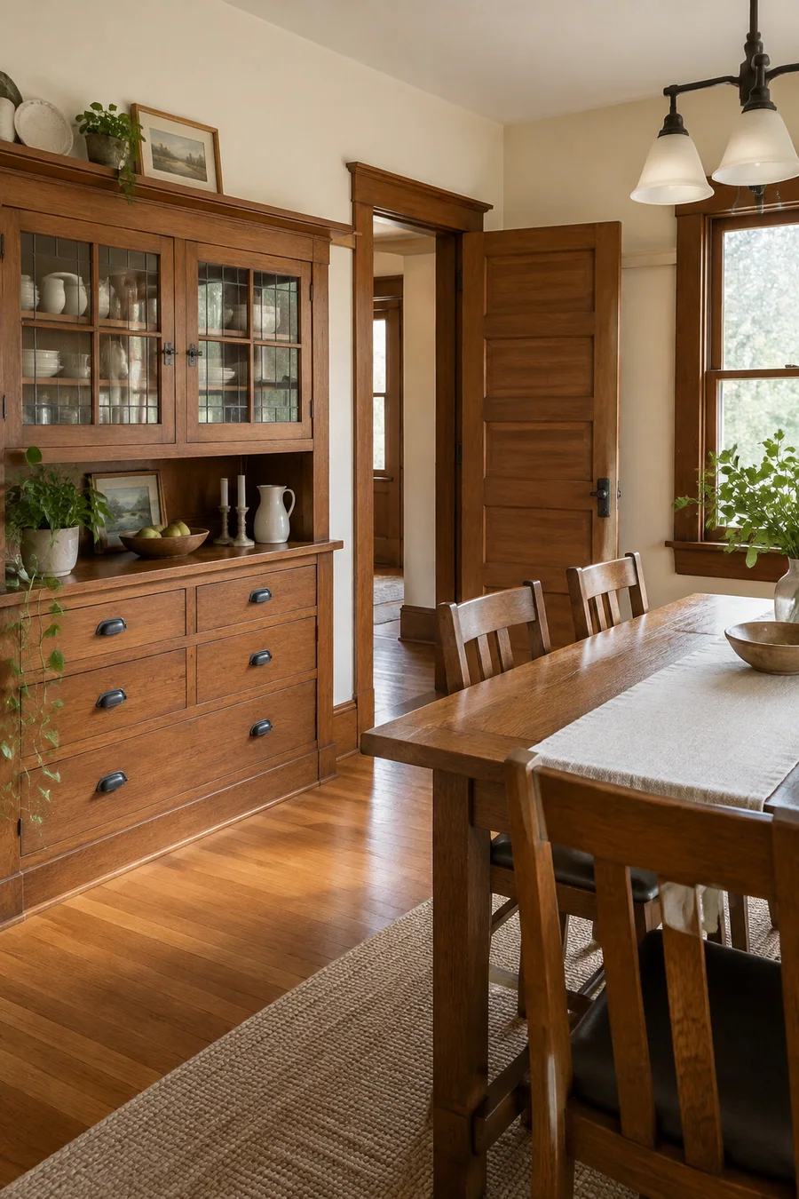 Dining room in a Long Beach bungalow with a restored built-in buffet, fresh paint and refinished fir floor