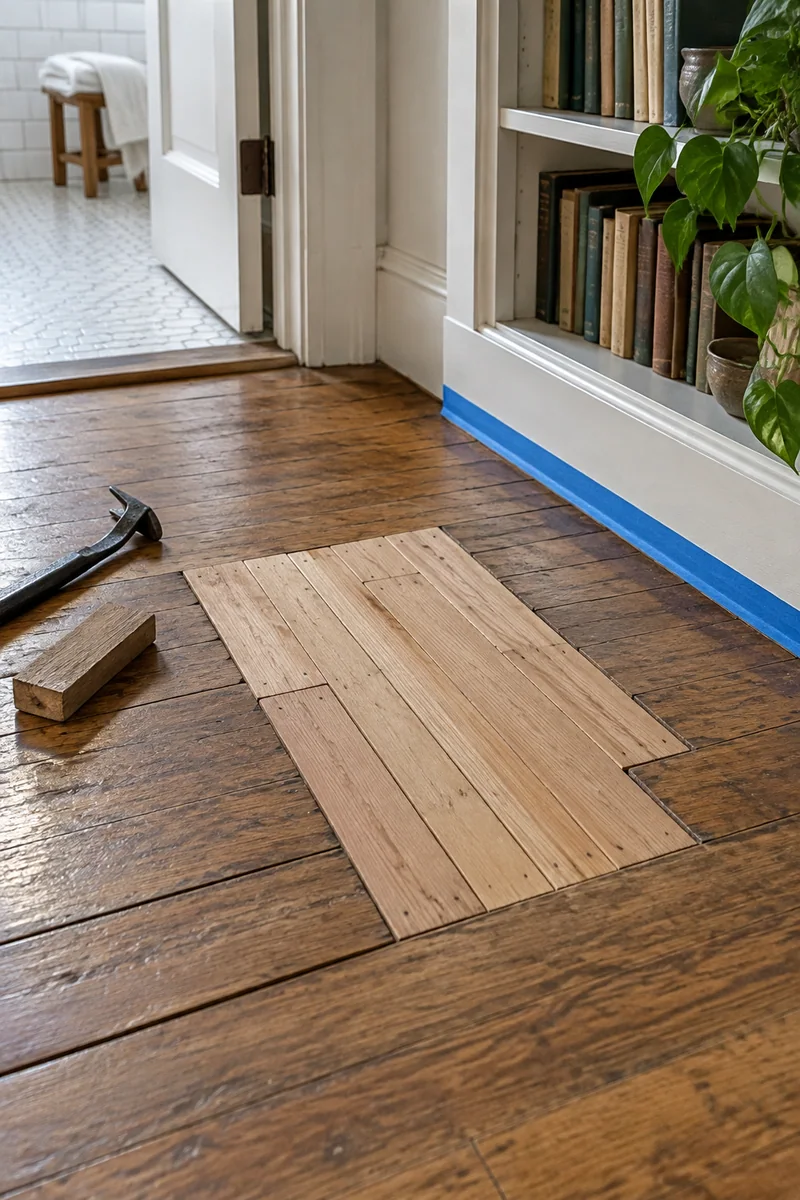 New fir boards woven into an original Long Beach bungalow floor where an old floor furnace once stood