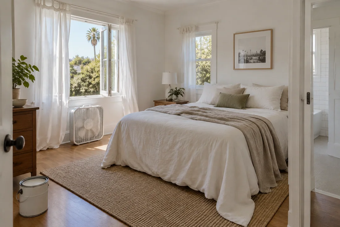 Freshly painted bedroom with windows open and a box fan airing the room