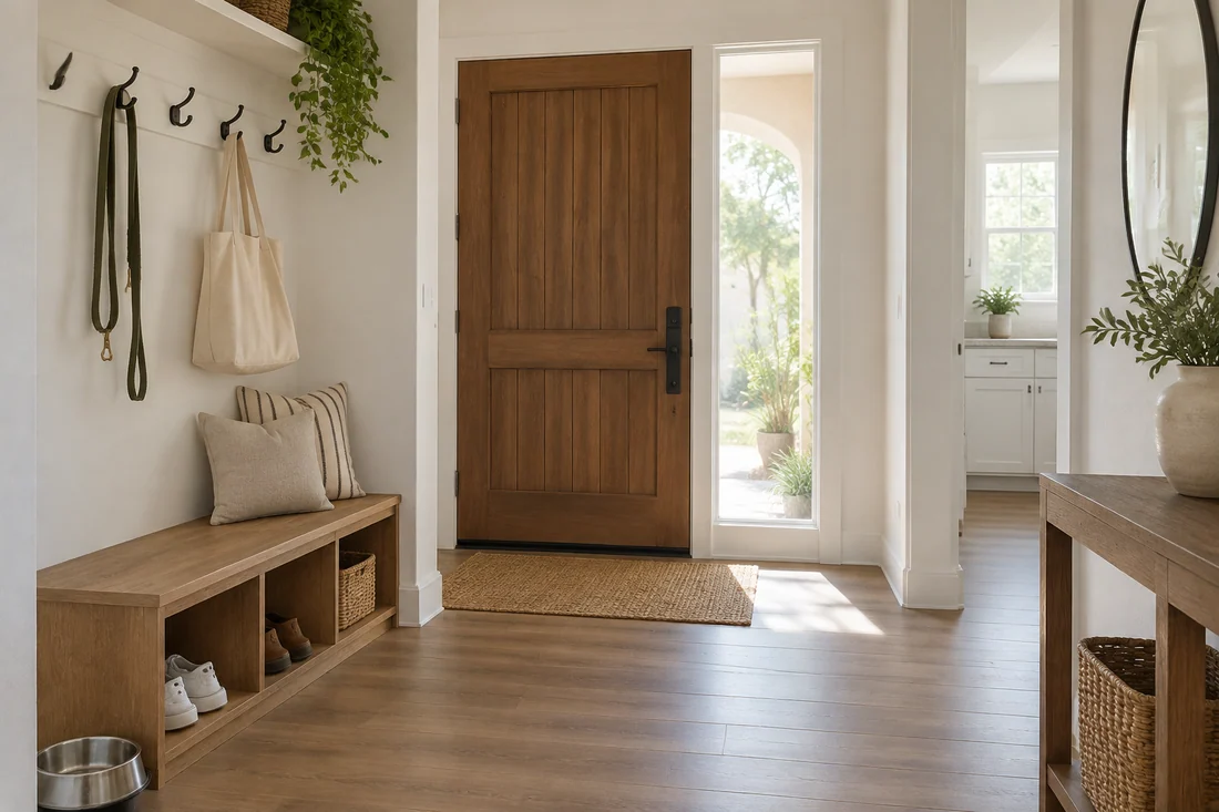 Wood-look vinyl plank flooring in a busy family entry with a bench and a dog bowl