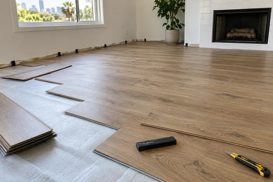 Click-lock luxury vinyl plank floor being installed over underlayment in a Los Angeles family room