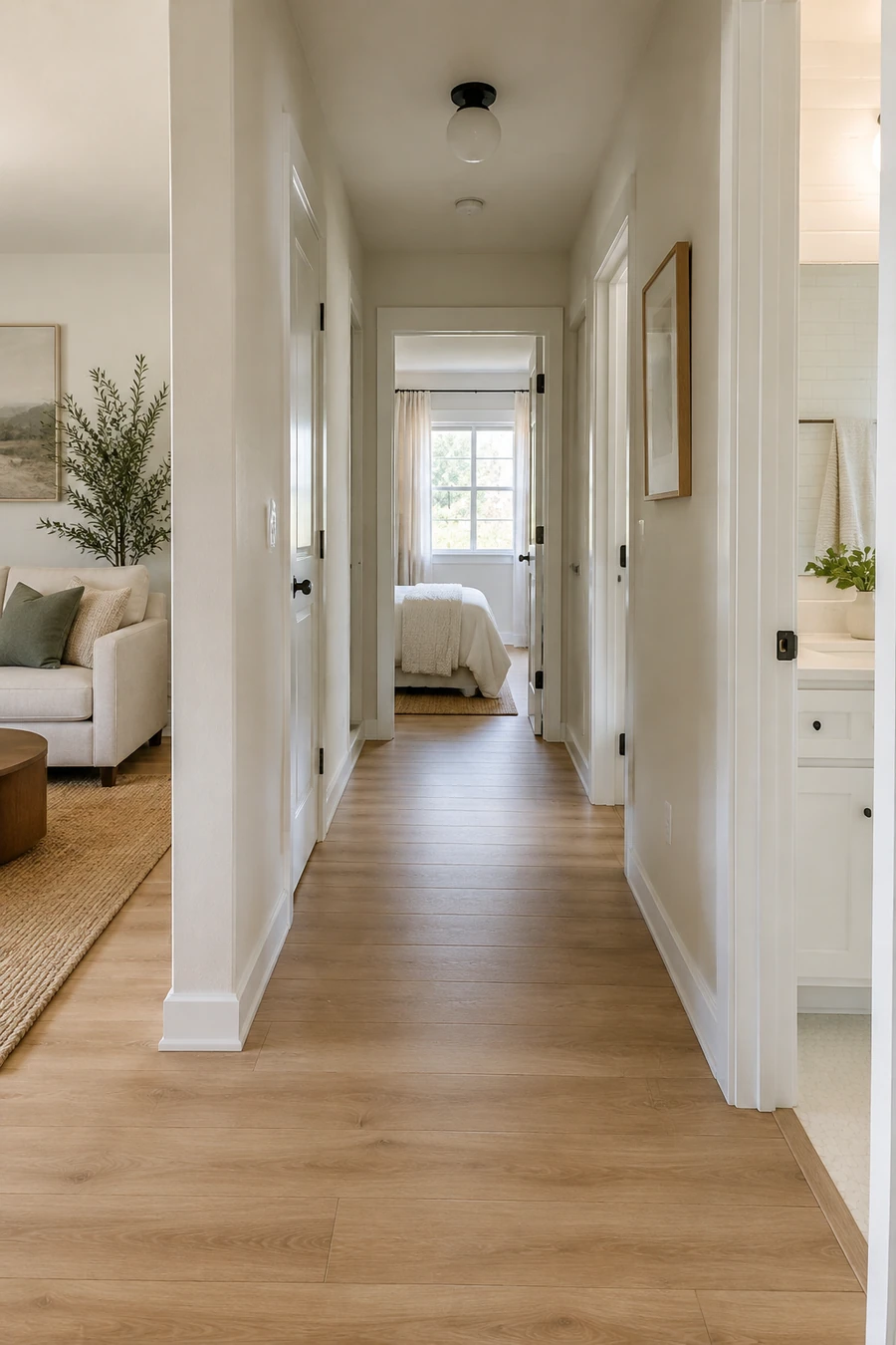 Vinyl plank flooring running down a hallway in a Los Angeles stucco tract home