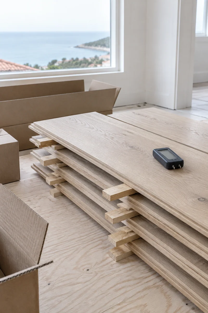 Boxes of engineered oak flooring opened and acclimating in a Manhattan Beach room before installation