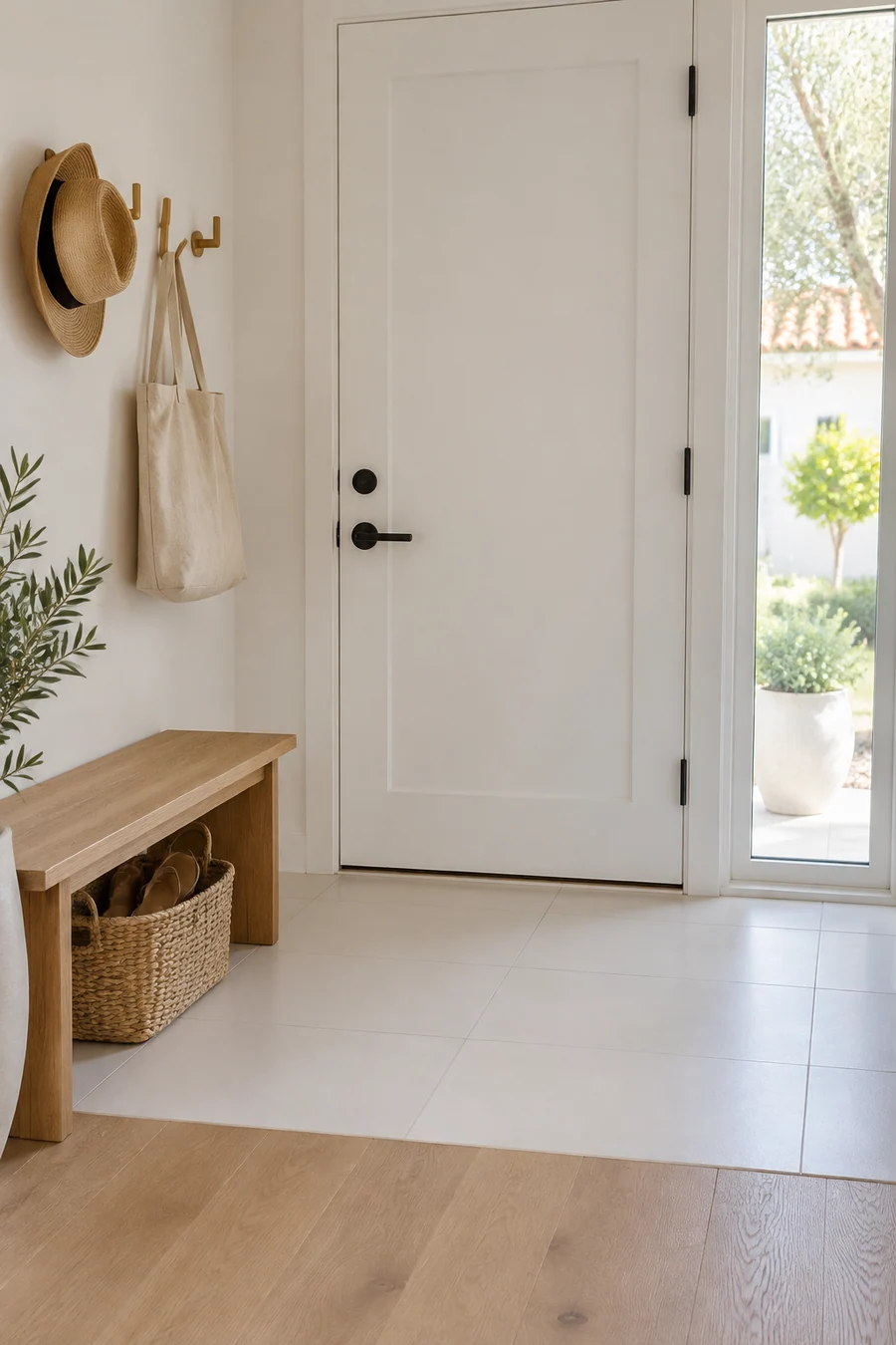 Entry in a Manhattan Beach home with white large-format porcelain tile meeting engineered oak flooring