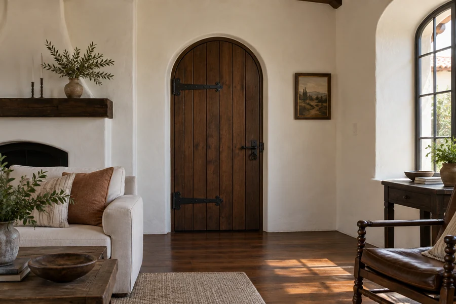 Arched-top wood interior door built to match the original archway in a Spanish Revival home in Los Angeles