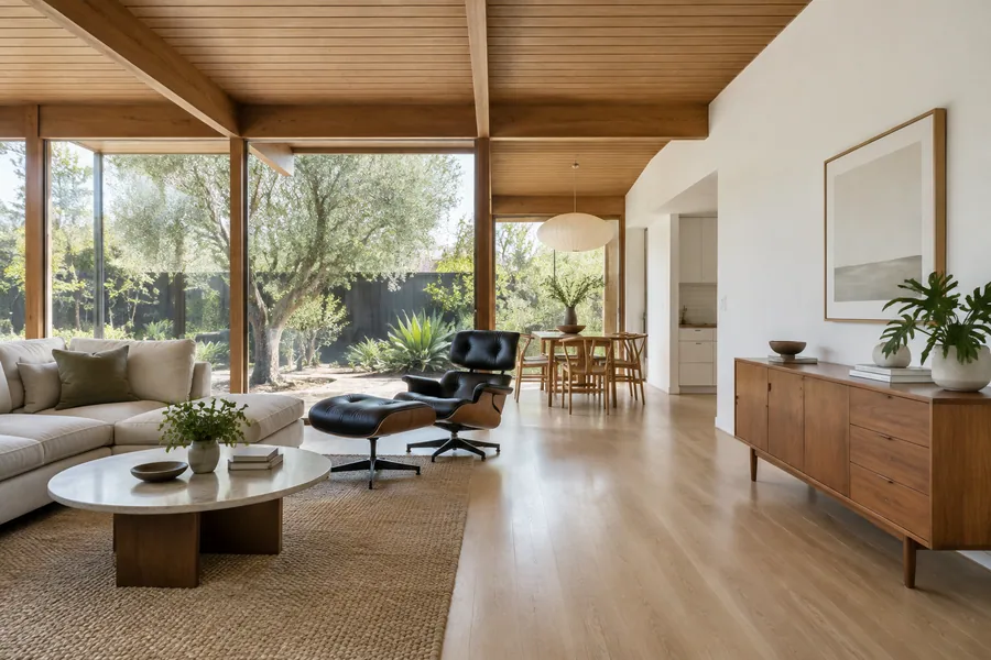 Mid-century post-and-beam open plan with one continuous floor and white walls