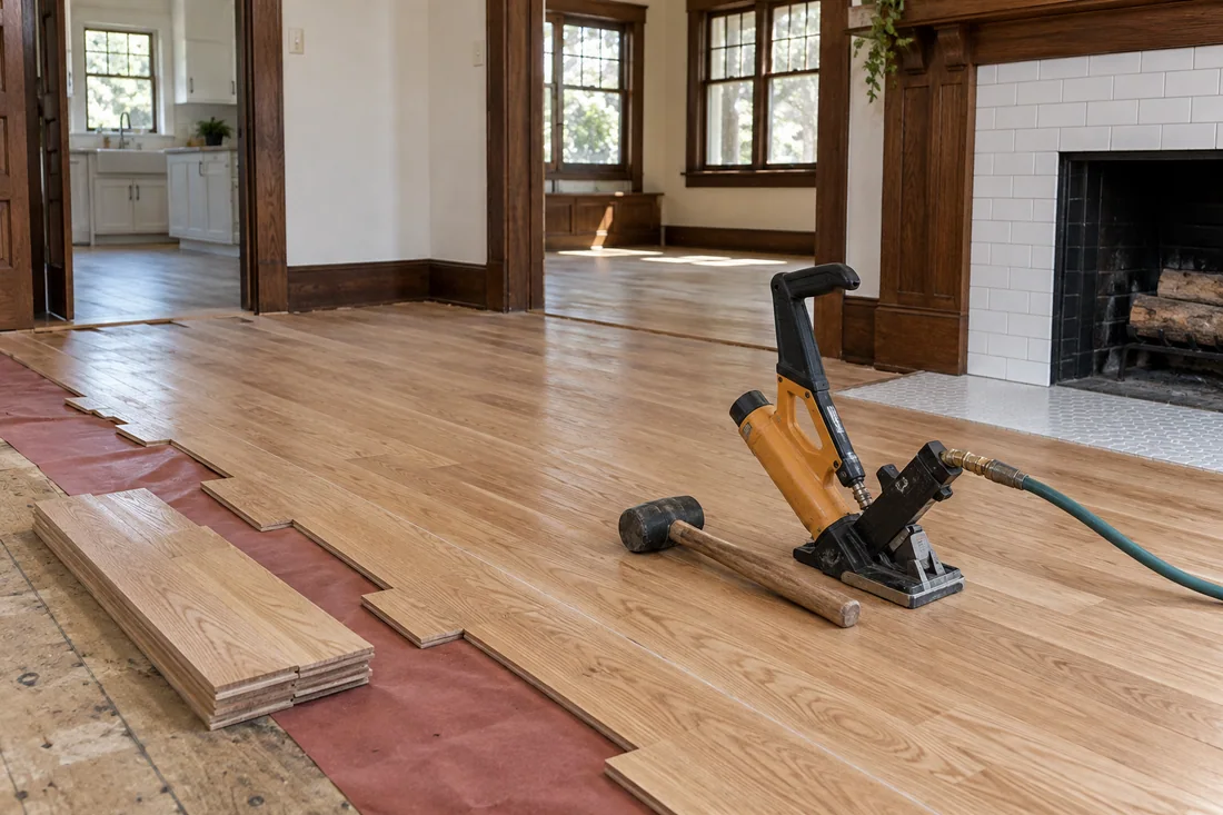 Floor nailer and new oak boards over underlayment paper on a raised wood subfloor