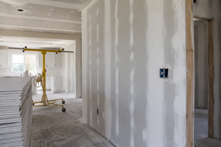 New drywall hung on a framed wall with taped seams and first coat of joint compound