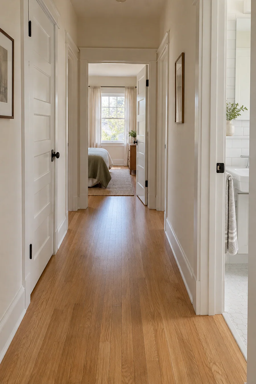 Hallway with new oak flooring running flush into a bedroom doorway in a Los Angeles Craftsman home