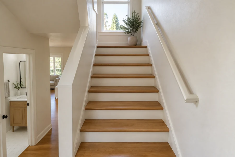 New oak stair treads with matching stair nosing meeting the landing floor in a Los Angeles home