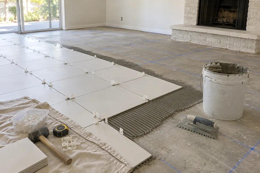New white porcelain floor tile being laid from chalk layout lines in an empty living room