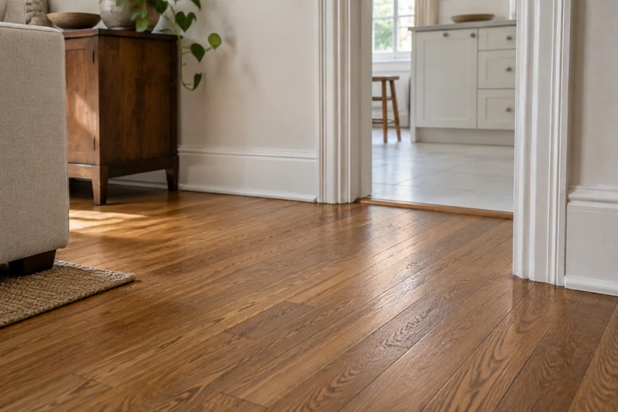 Patched oak floor where new boards meet the original, freshly sanded to blend
