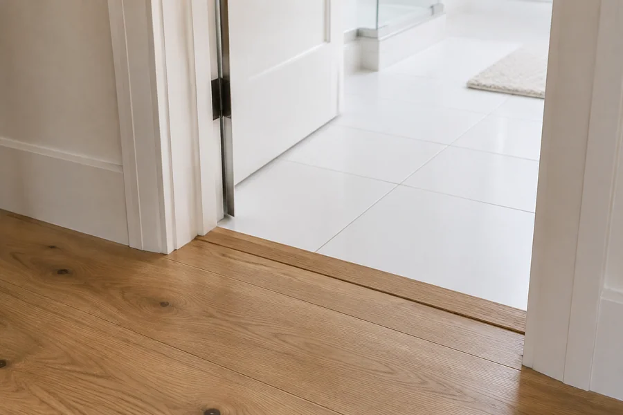 Wood floor meeting white tile at a doorway with a low oak transition strip